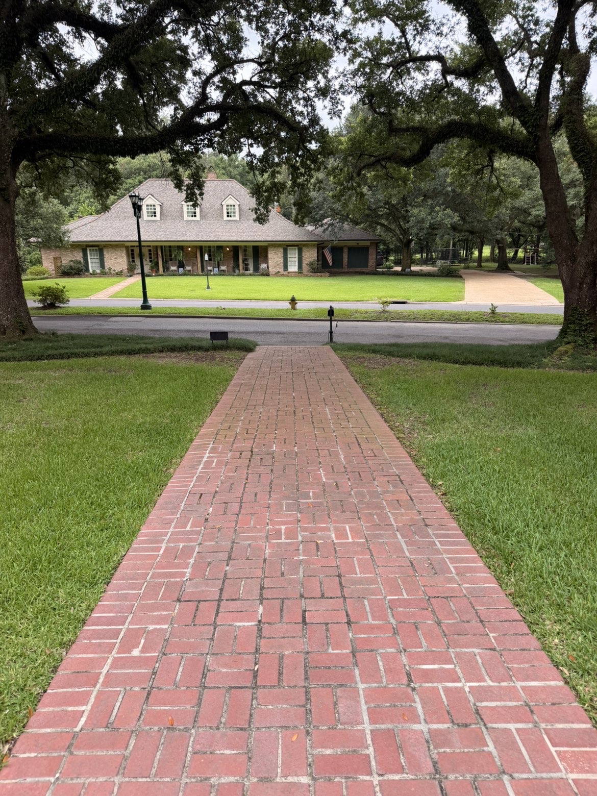 Dull, dirt-darkened brick walkway before pressure washing
